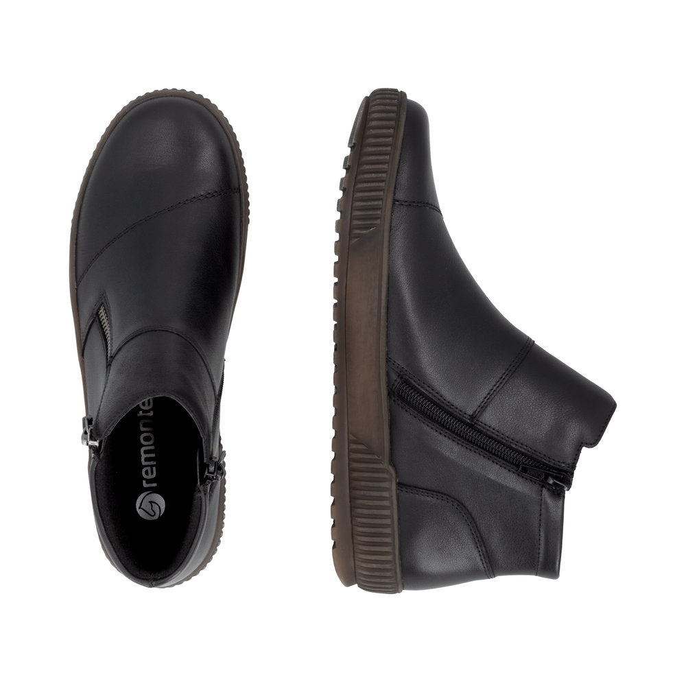 Remonte D0783-00 women's wide black leather water resistant side zip ankle boots, two-angle product view.