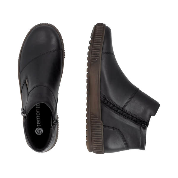 Remonte D0783-00 women's wide black leather water resistant side zip ankle boots, two-angle product view.