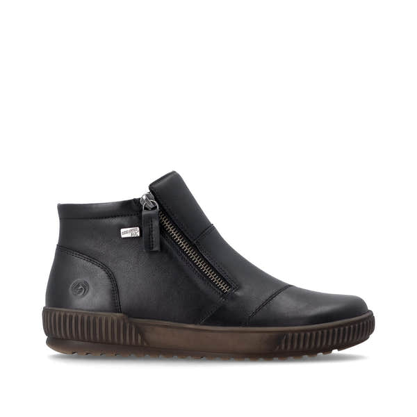 Remonte D0783-00 women's wide black leather water resistant side zip ankle boots, opposite side view.