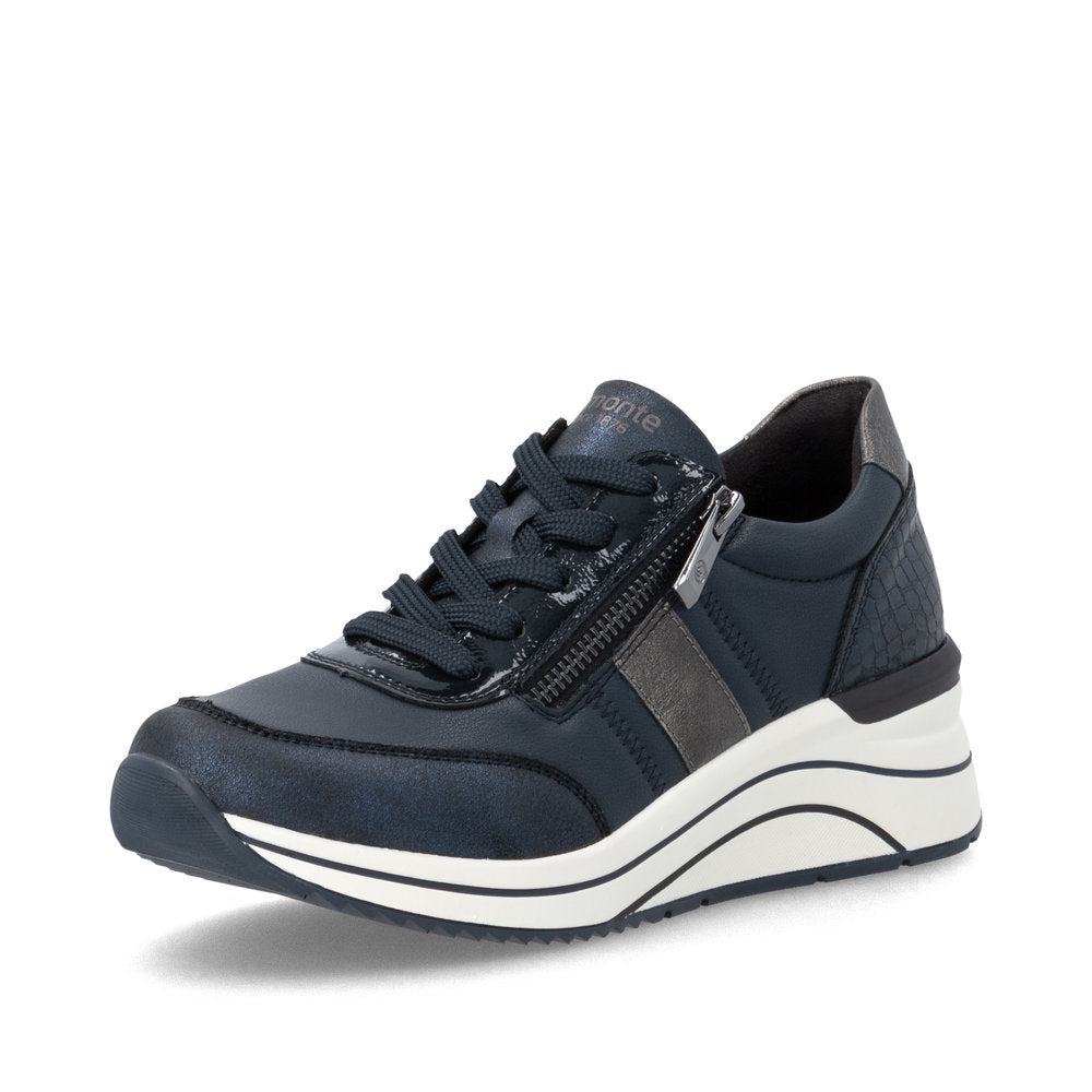 Remonte D0T09-14 women's wide navy vegan zip & lace shoes, front three-quarter view.