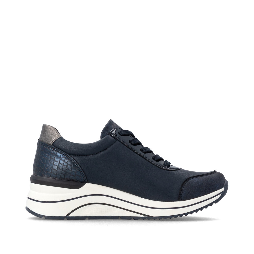 Remonte D0T09-14 women's wide navy vegan zip & lace shoes, outer side view.