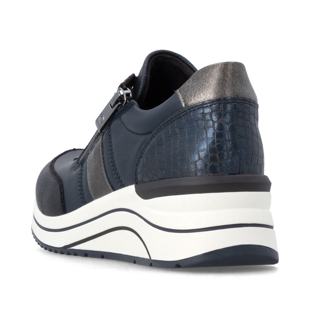 Remonte D0T09-14 women's wide navy vegan zip & lace shoes, rear three-quarter view.