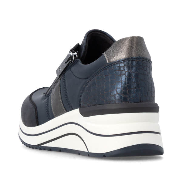 Remonte D0T09-14 women's wide navy vegan zip & lace shoes, rear three-quarter view.