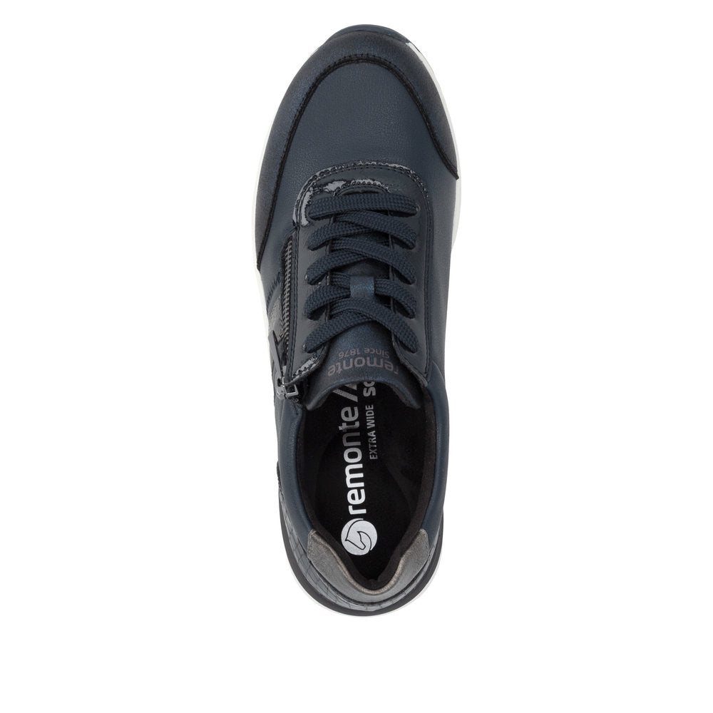 Remonte D0T09-14 women's wide navy vegan zip & lace shoes, top view.