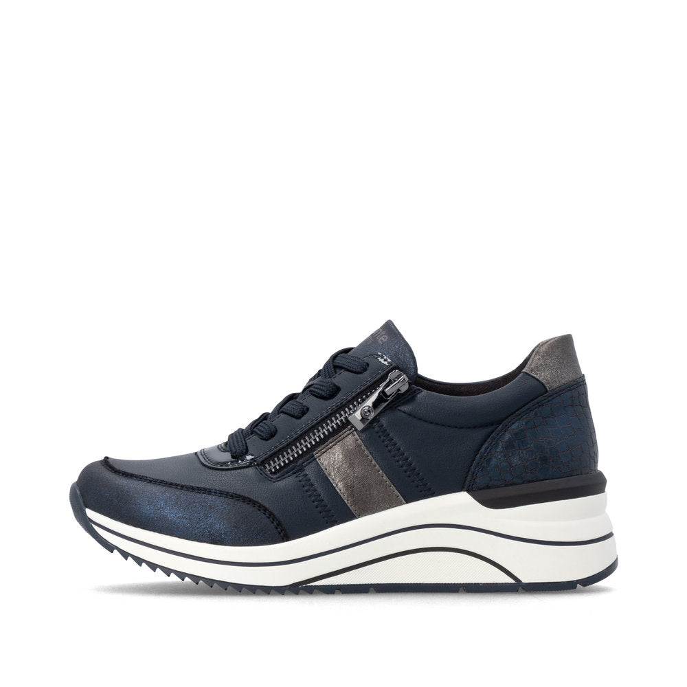 Remonte D0T09-14 women's wide navy vegan zip & lace shoes, inner side view.