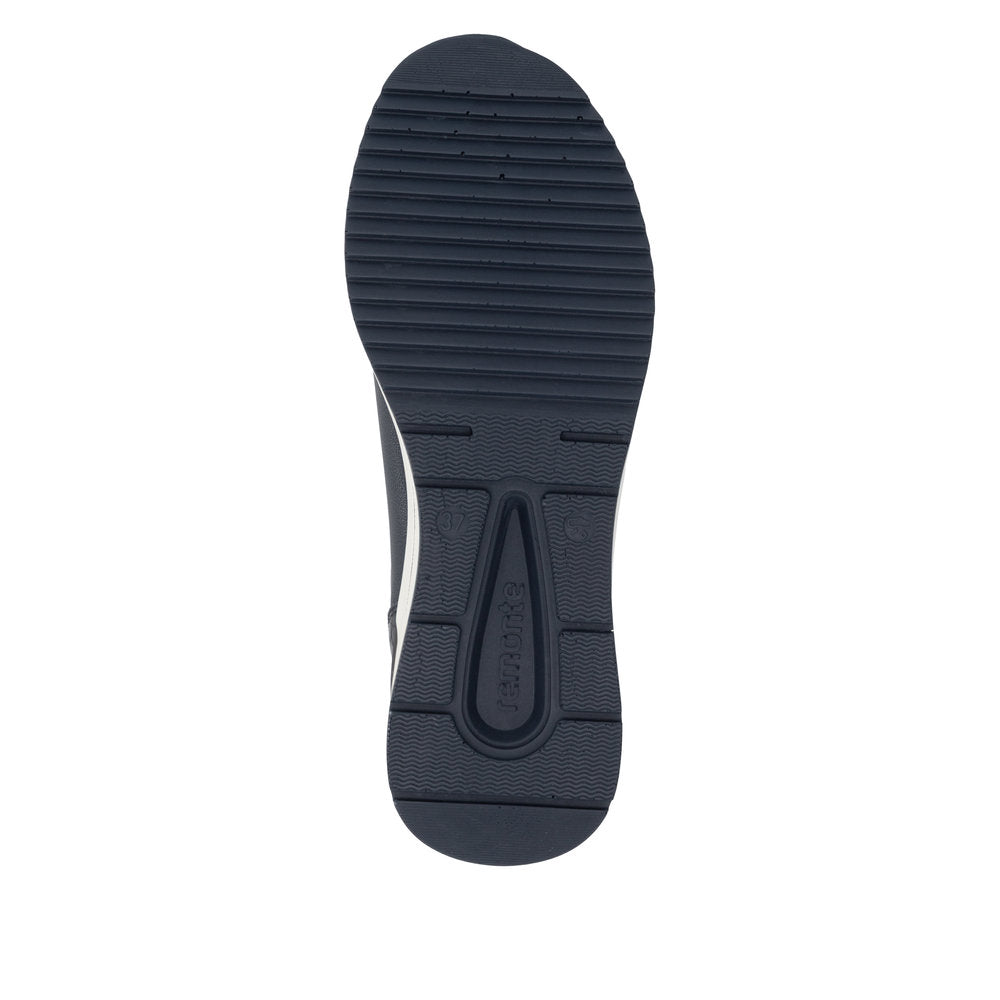 Remonte D0T09-14 women's wide navy vegan zip & lace shoes, sole and tread view.