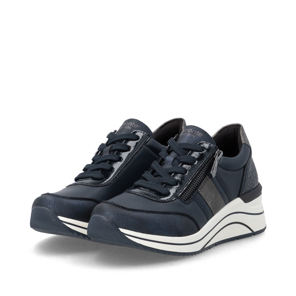 Remonte D0T09-14 women's wide navy vegan zip & lace shoes, paired three-quarter view.