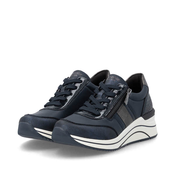 Remonte D0T09-14 women's wide navy vegan zip & lace shoes, paired three-quarter view.