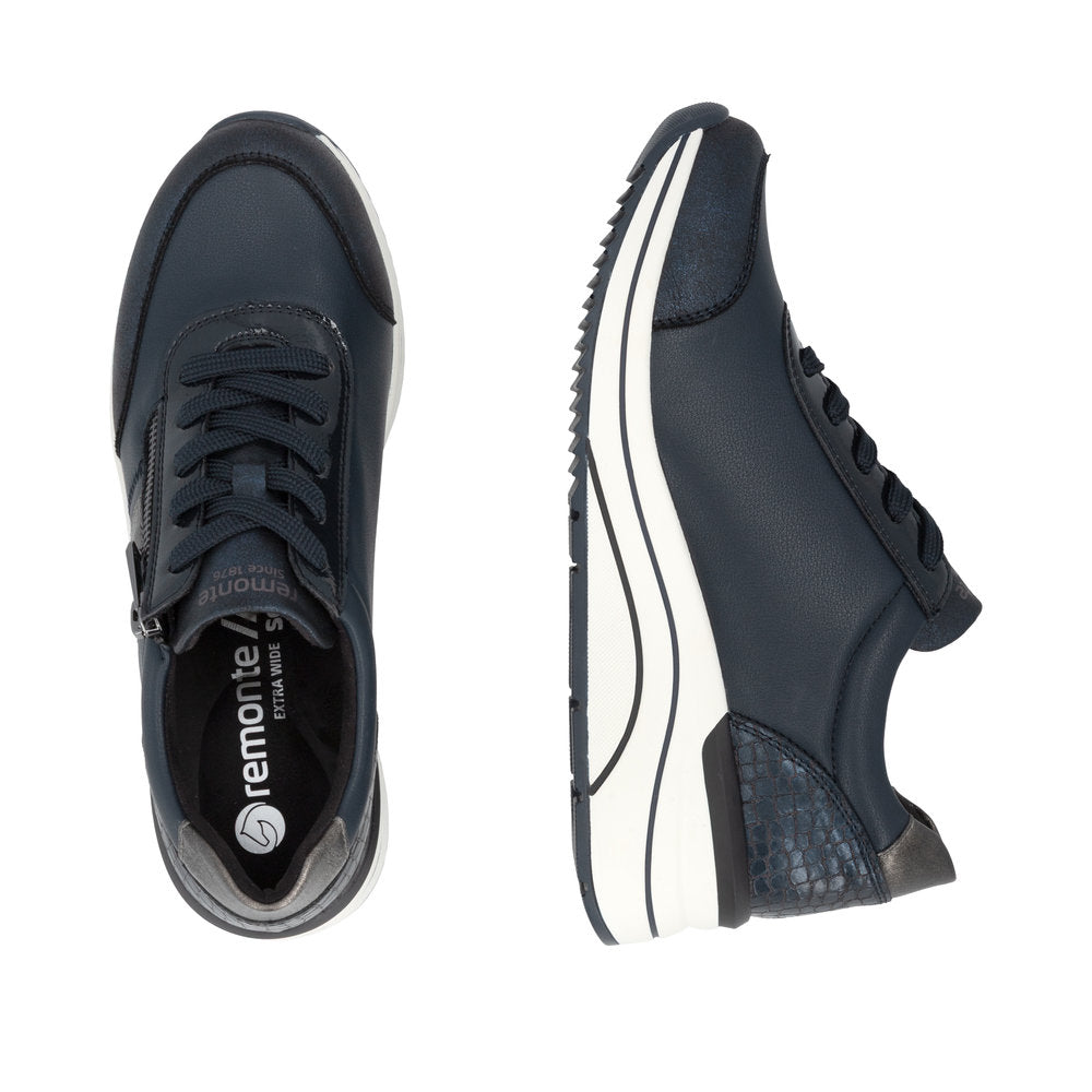 Remonte D0T09-14 women's wide navy vegan zip & lace shoes, two-angle product view.