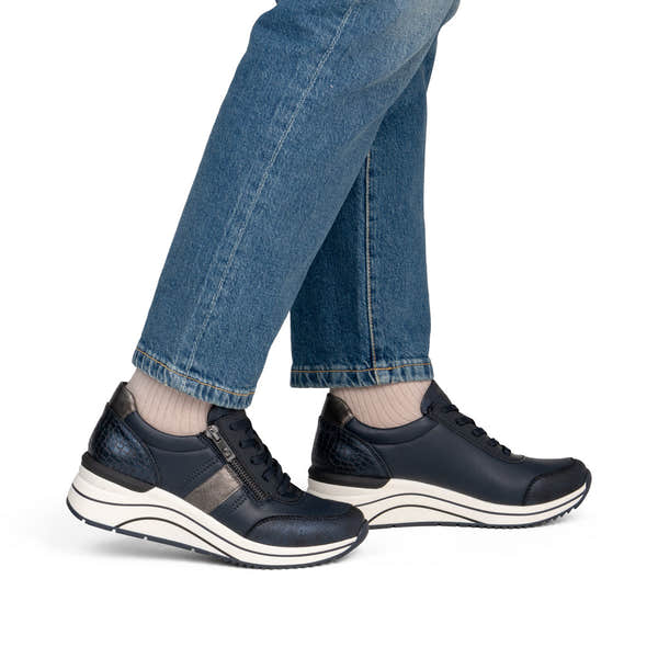 Remonte D0T09-14 women's wide navy vegan zip & lace shoes, on-foot lifestyle view.