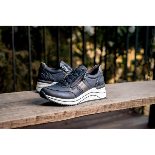 Remonte D0T09-14 women's wide navy vegan zip & lace shoes, lifestyle view 3 of 4.