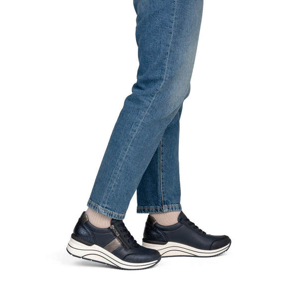 Remonte D0T09-14 women's wide navy vegan zip & lace shoes, on-foot lifestyle view.