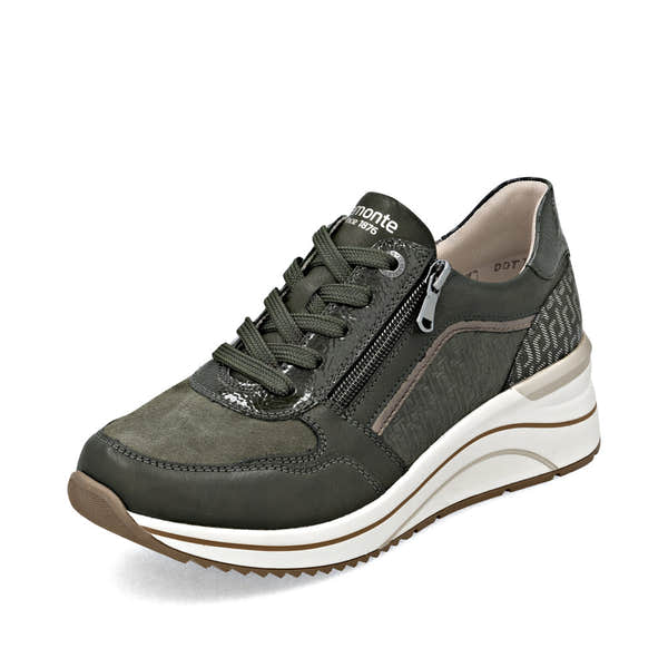Remonte D0T16-54 women's wide green zip & lace shoes, front three-quarter view.