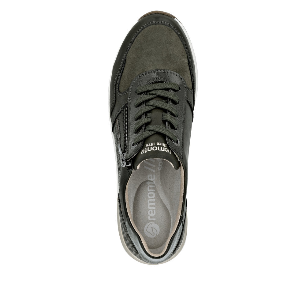 Remonte D0T16-54 women's wide green zip & lace shoes, top view.
