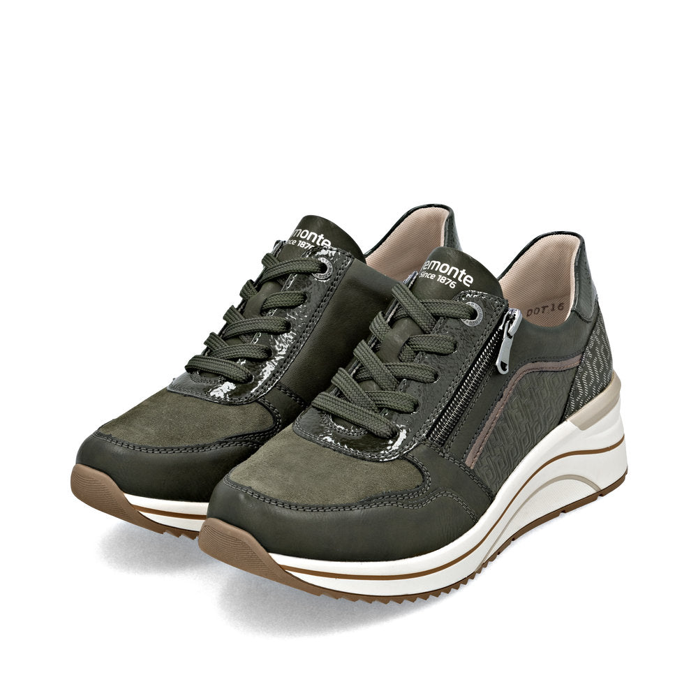 Remonte D0T16-54 women's wide green zip & lace shoes, paired three-quarter view.