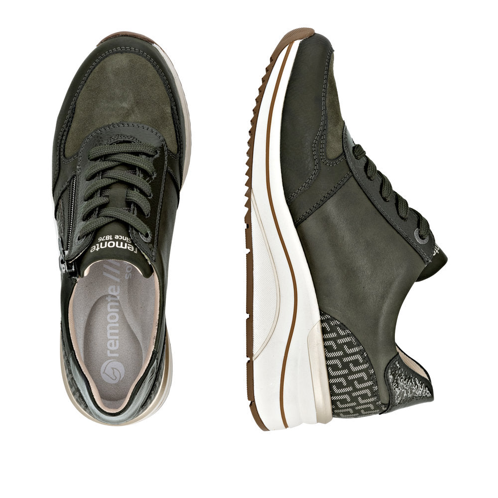 Remonte D0T16-54 women's wide green zip & lace shoes, two-angle product view.