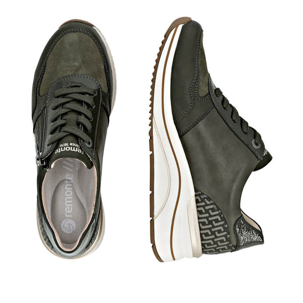 Remonte D0T16-54 women's wide green zip & lace shoes, two-angle product view.