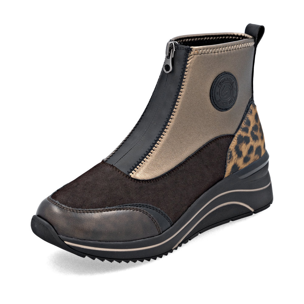 Remonte D0T78-90 women's wide metallic vegan front zip ankle boots, front three-quarter view.
