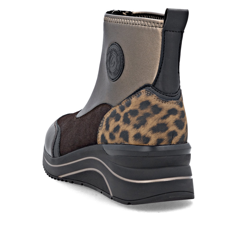 Remonte D0T78-90 women's wide metallic vegan front zip ankle boots, rear three-quarter view.