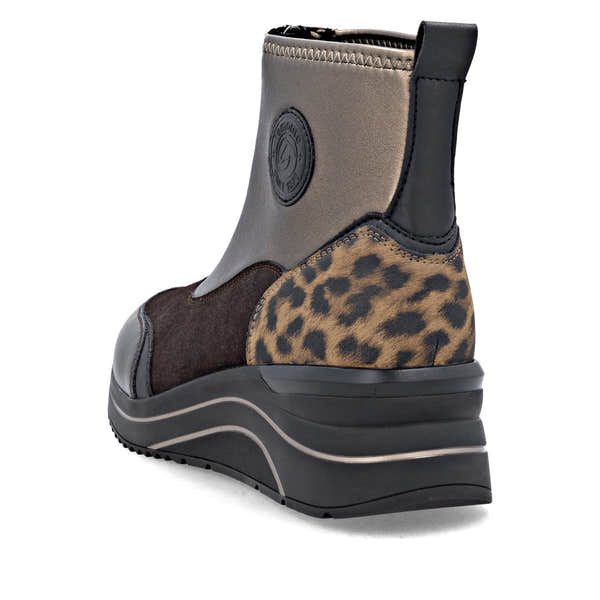 Remonte D0T78-90 women's wide metallic vegan front zip ankle boots, rear three-quarter view.