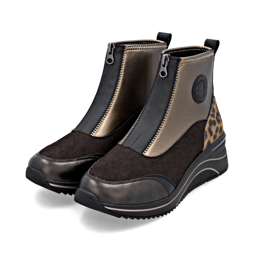 Remonte D0T78-90 women's wide metallic vegan front zip ankle boots, paired three-quarter view.
