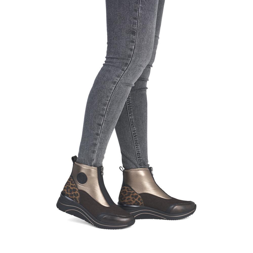 Remonte D0T78-90 women's wide metallic vegan front zip ankle boots, on-foot lifestyle view.