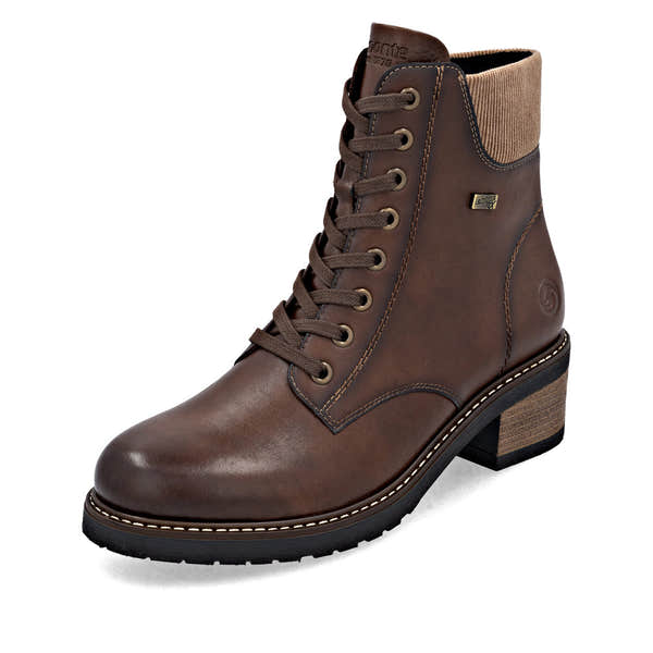 Remonte D1A70-24 women's brown leather water resistant lace up ankle boots, front three-quarter view.