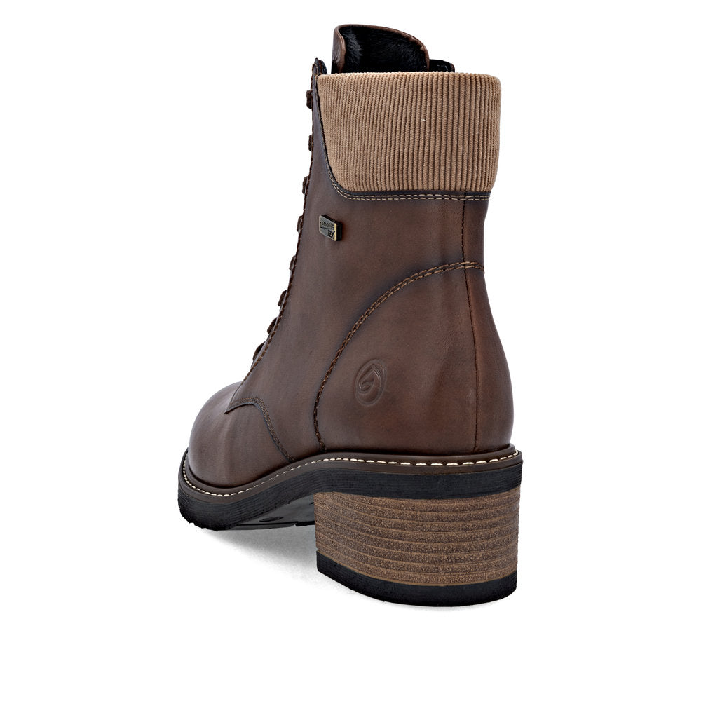 Remonte D1A70-24 women's brown leather water resistant lace up ankle boots, rear three-quarter view.