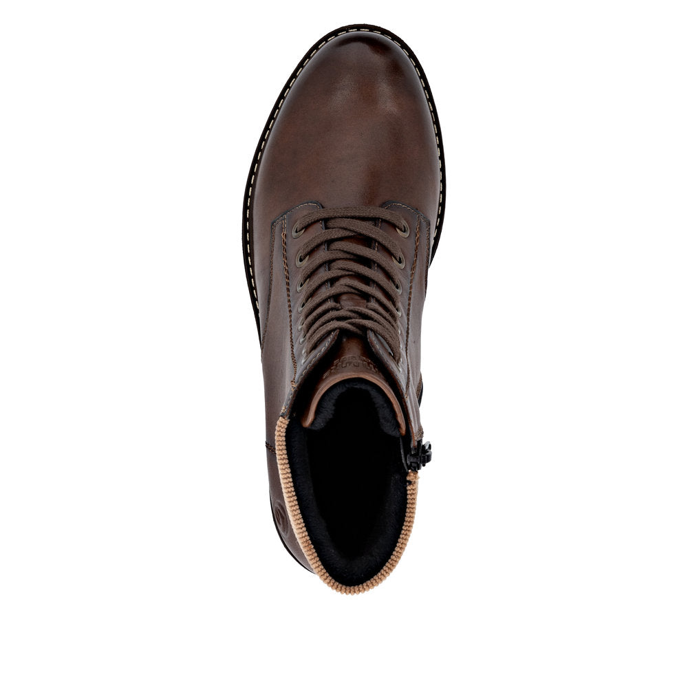 Remonte D1A70-24 women's brown leather water resistant lace up ankle boots, top view.