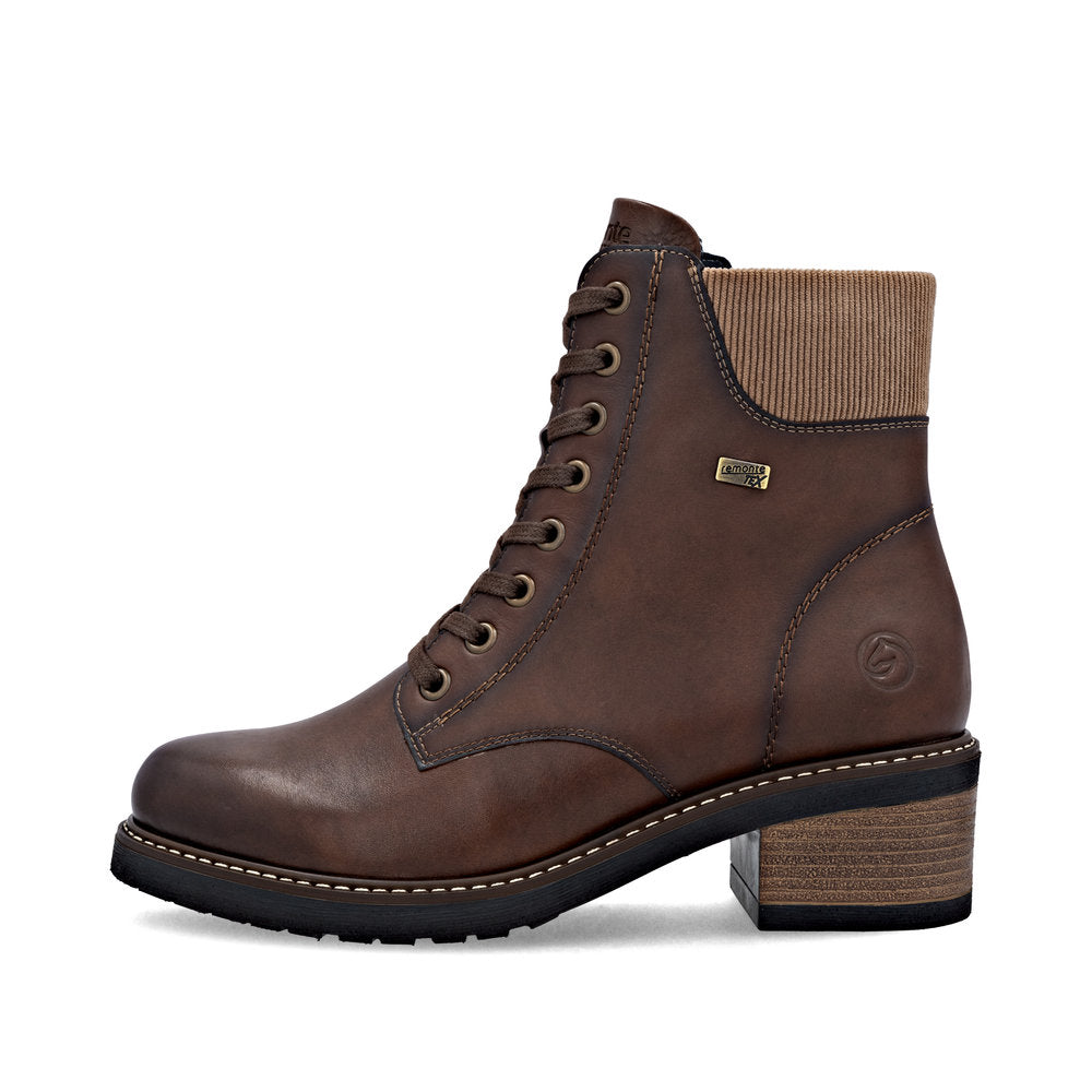 Remonte D1A70-24 women's brown leather water resistant lace up ankle boots, inner side view.