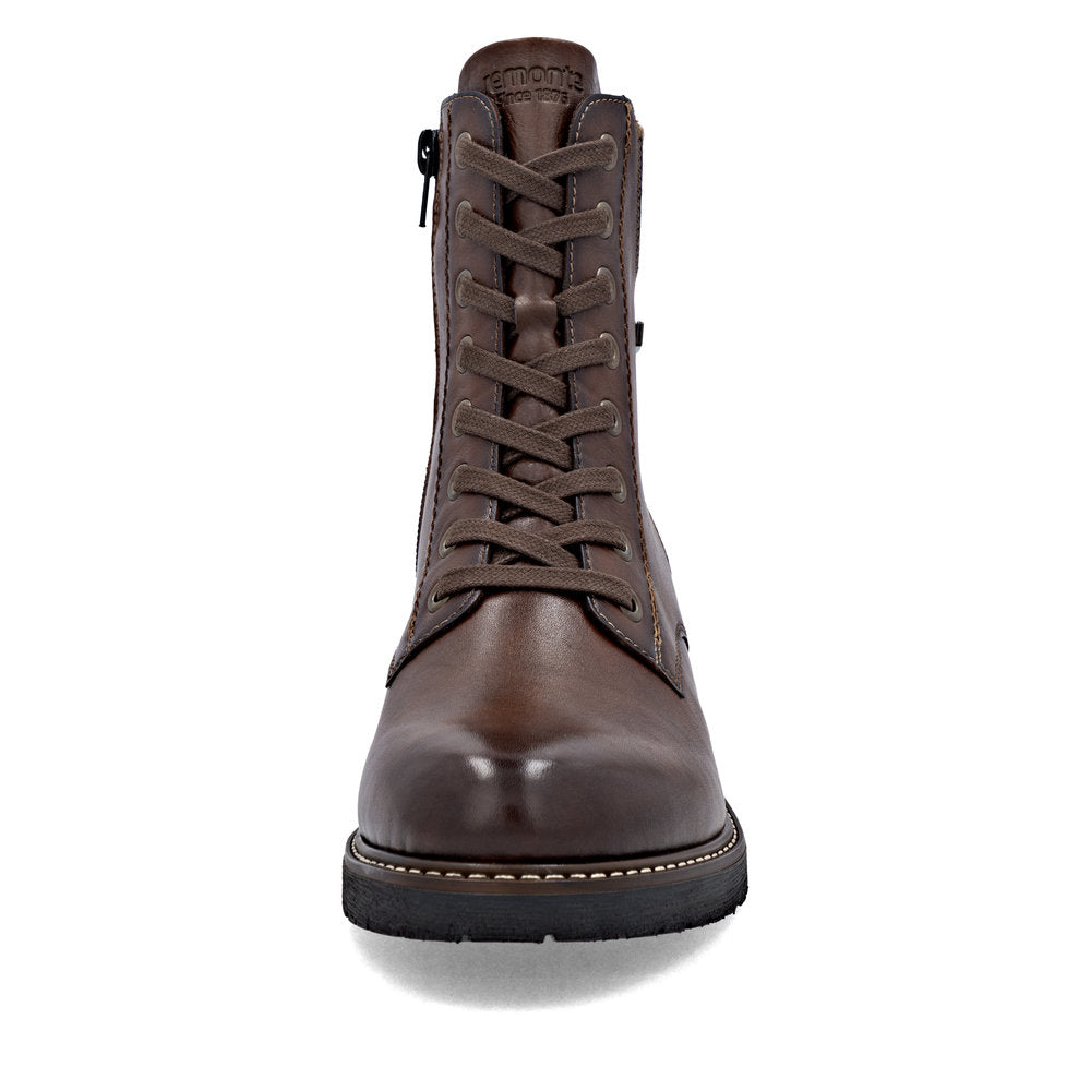 Remonte D1A70-24 women's brown leather water resistant lace up ankle boots, front view.
