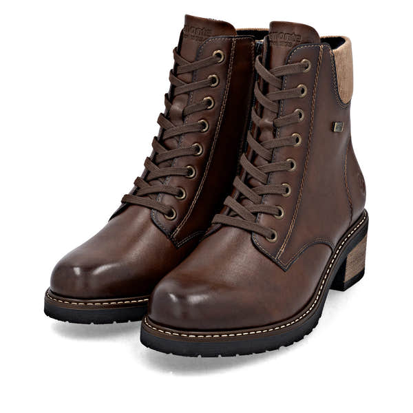 Remonte D1A70-24 women's brown leather water resistant lace up ankle boots, paired three-quarter view.