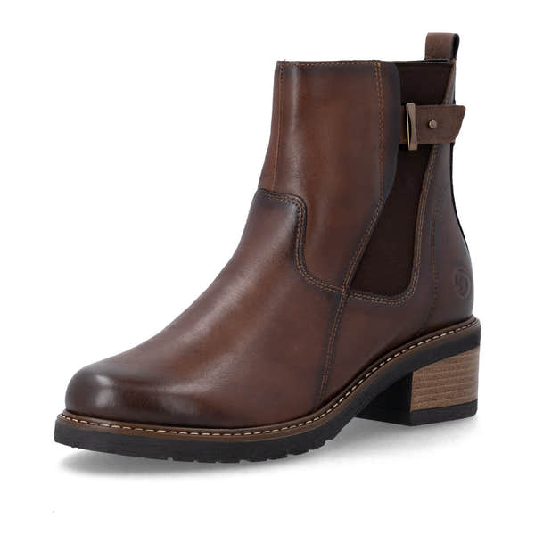 Remonte D1A82-22 women's brown leather side zip ankle boots, front three-quarter view.