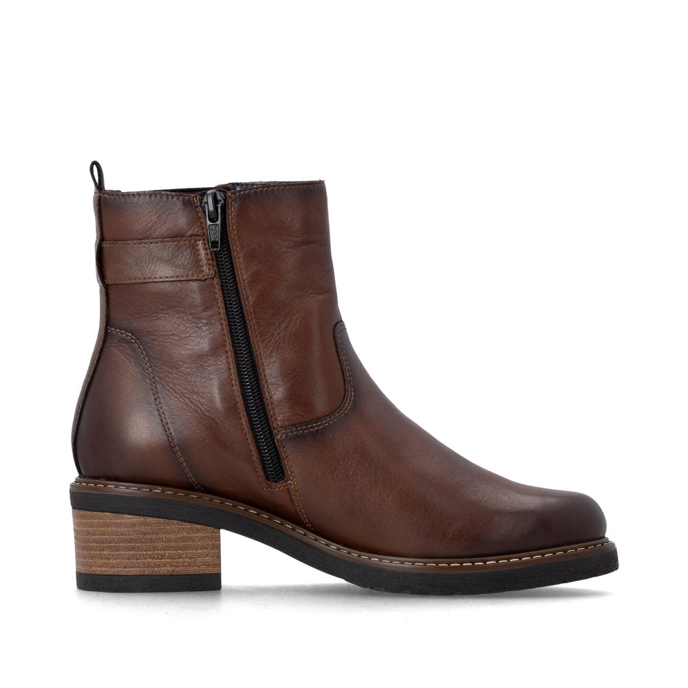 Remonte D1A82-22 women's brown leather side zip ankle boots, outer side view.