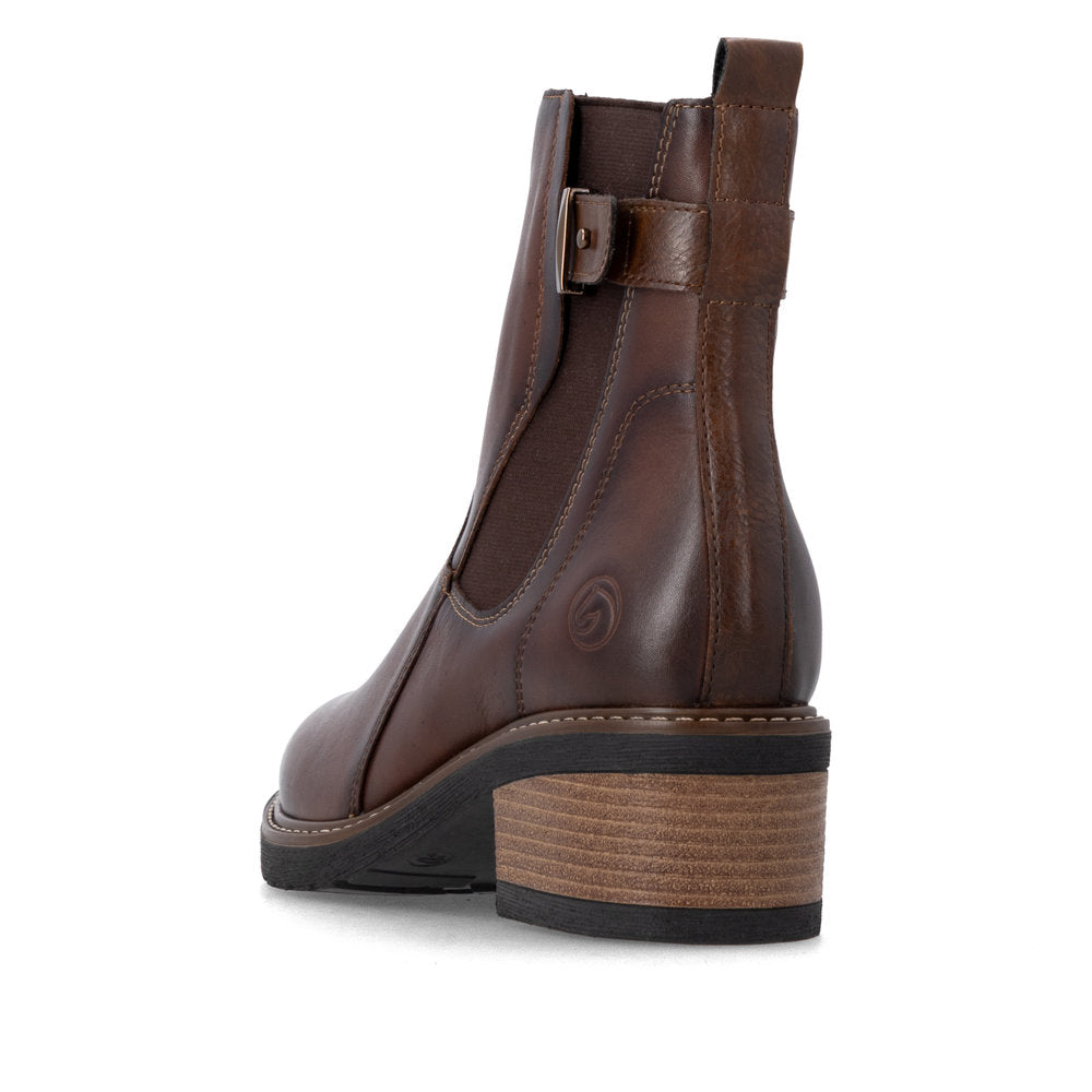 Remonte D1A82-22 women's brown leather side zip ankle boots, rear three-quarter view.