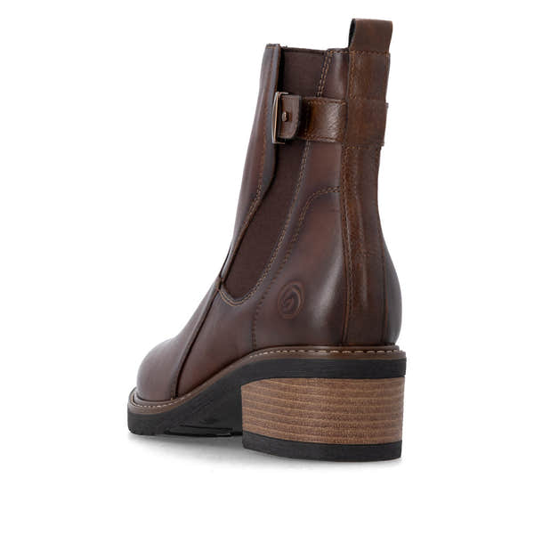 Remonte D1A82-22 women's brown leather side zip ankle boots, rear three-quarter view.