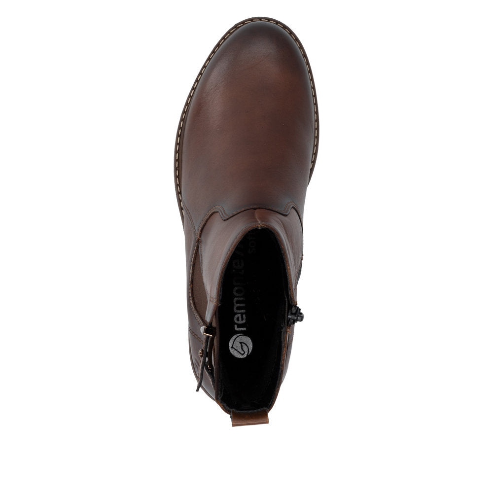 Remonte D1A82-22 women's brown leather side zip ankle boots, top view.