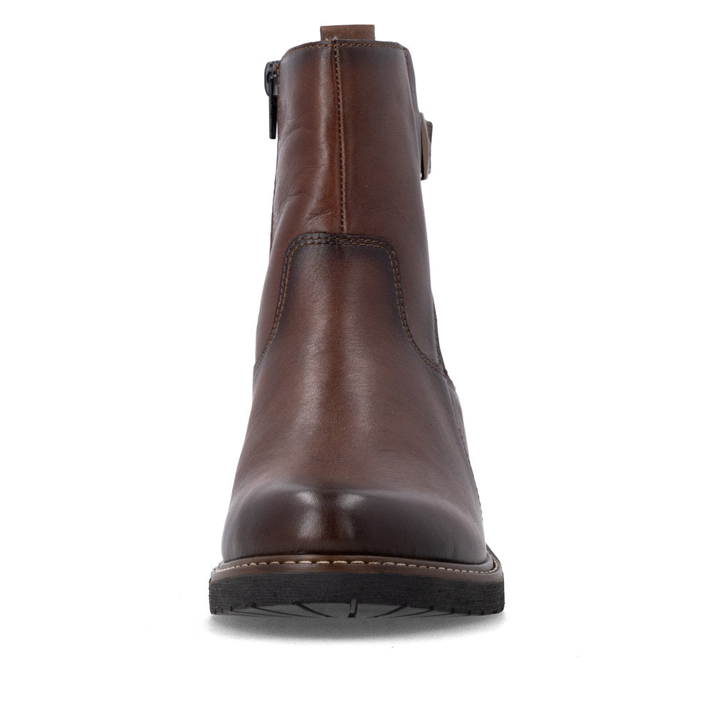 Remonte D1A82-22 women's brown leather side zip ankle boots, front view.