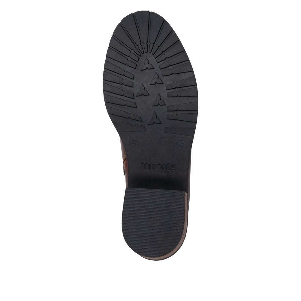 Remonte D1A82-22 women's brown leather side zip ankle boots, sole and tread view.