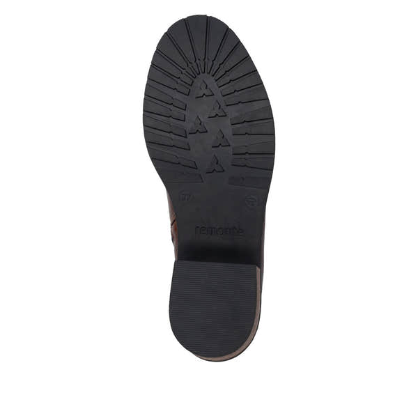 Remonte D1A82-22 women's brown leather side zip ankle boots, sole and tread view.