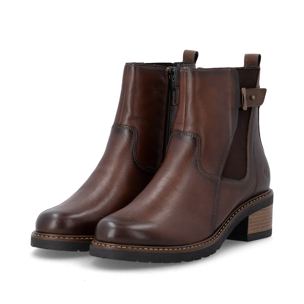 Remonte D1A82-22 women's brown leather side zip ankle boots, paired three-quarter view.