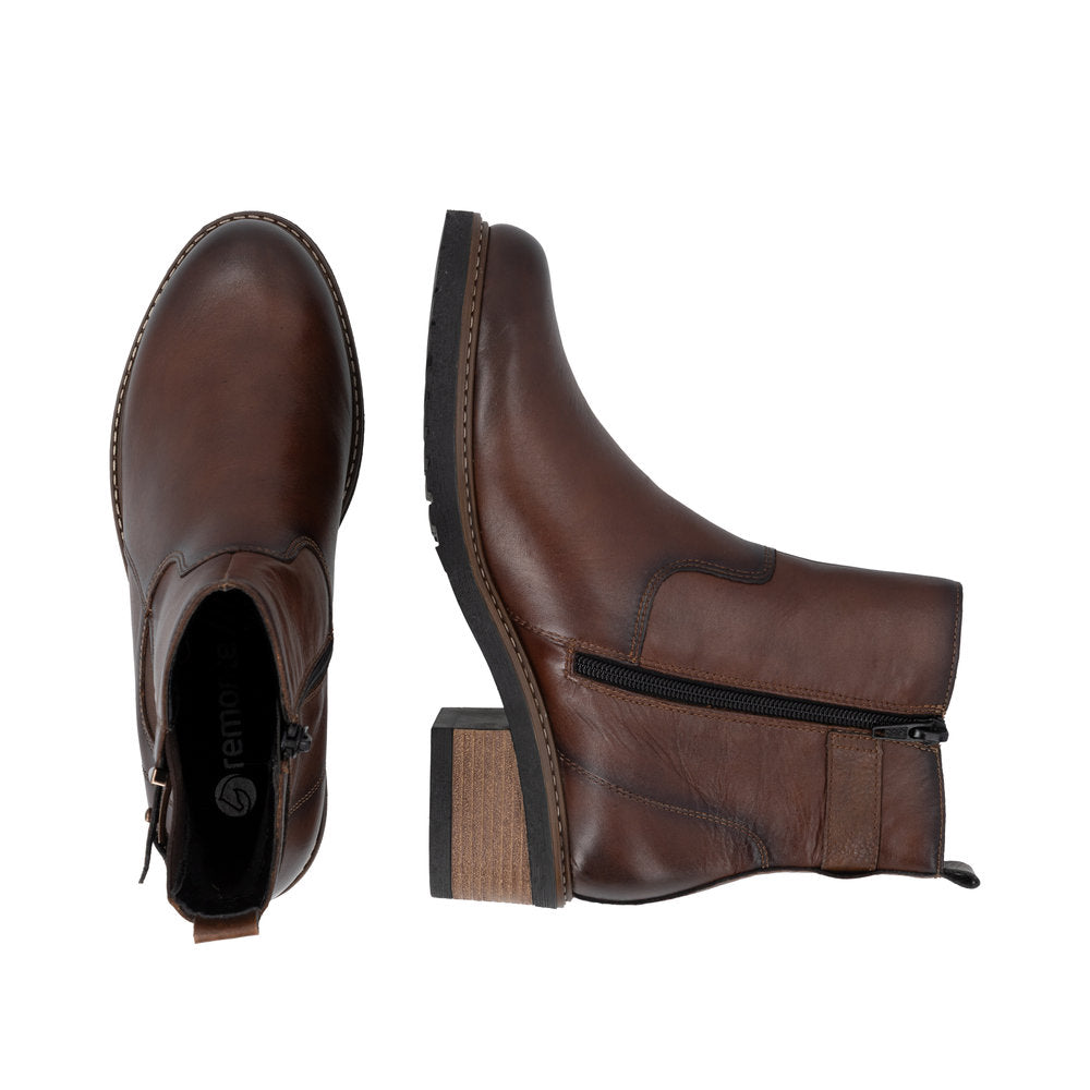 Remonte D1A82-22 women's brown leather side zip ankle boots, two-angle product view.