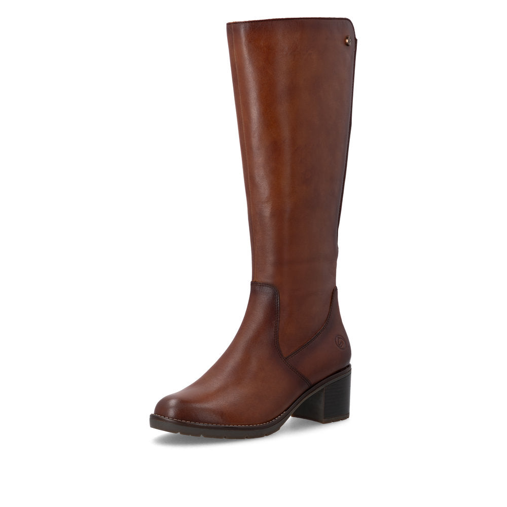 Remonte D2A78-24 women's brown leather side zip long boots, front three-quarter view.