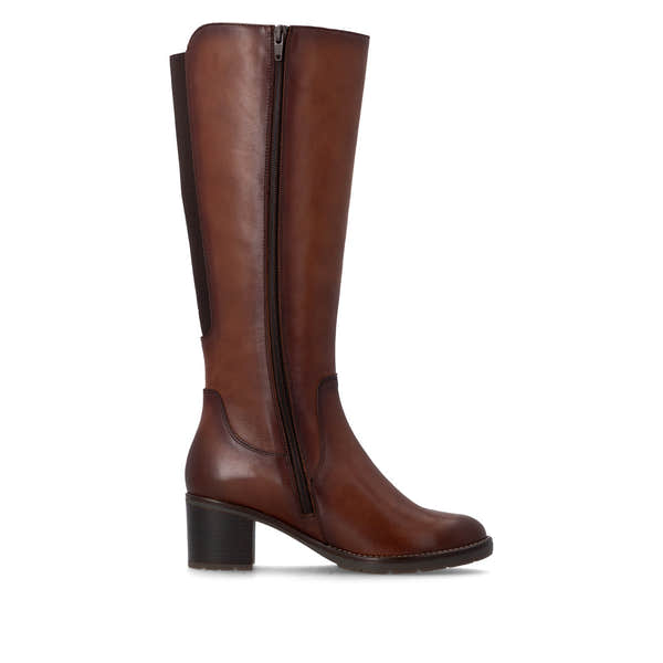 Remonte D2A78-24 women's brown leather side zip long boots, outer side view.