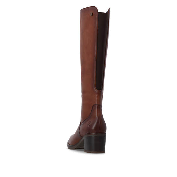 Remonte D2A78-24 women's brown leather side zip long boots, rear three-quarter view.