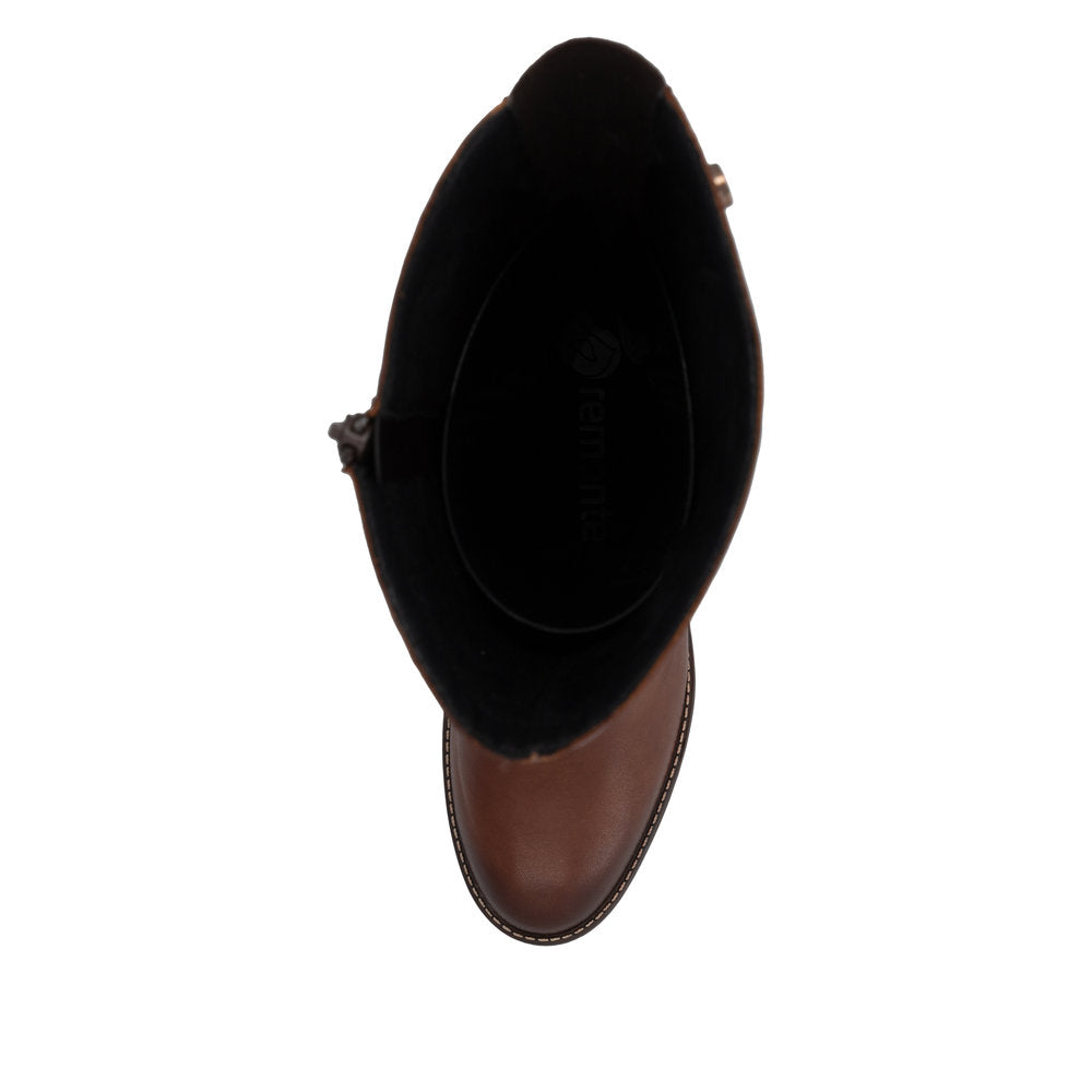 Remonte D2A78-24 women's brown leather side zip long boots, top view.