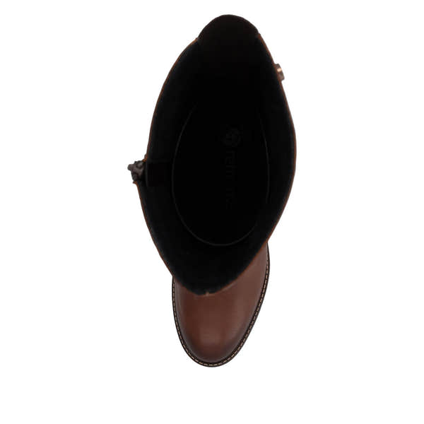 Remonte D2A78-24 women's brown leather side zip long boots, top view.
