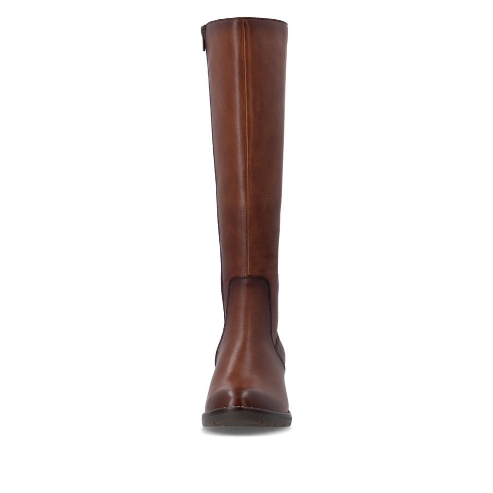 Remonte D2A78-24 women's brown leather side zip long boots, front view.
