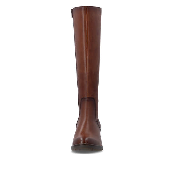 Remonte D2A78-24 women's brown leather side zip long boots, front view.