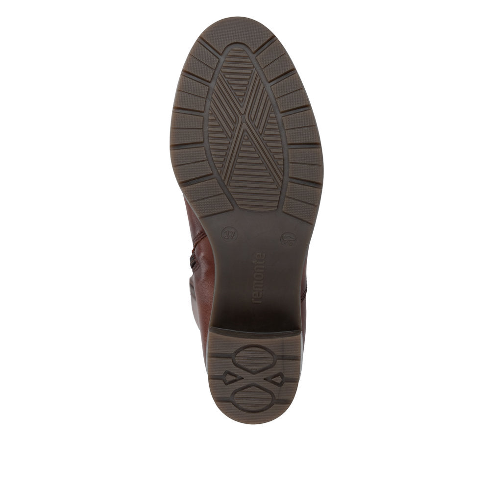 Remonte D2A78-24 women's brown leather side zip long boots, sole and tread view.